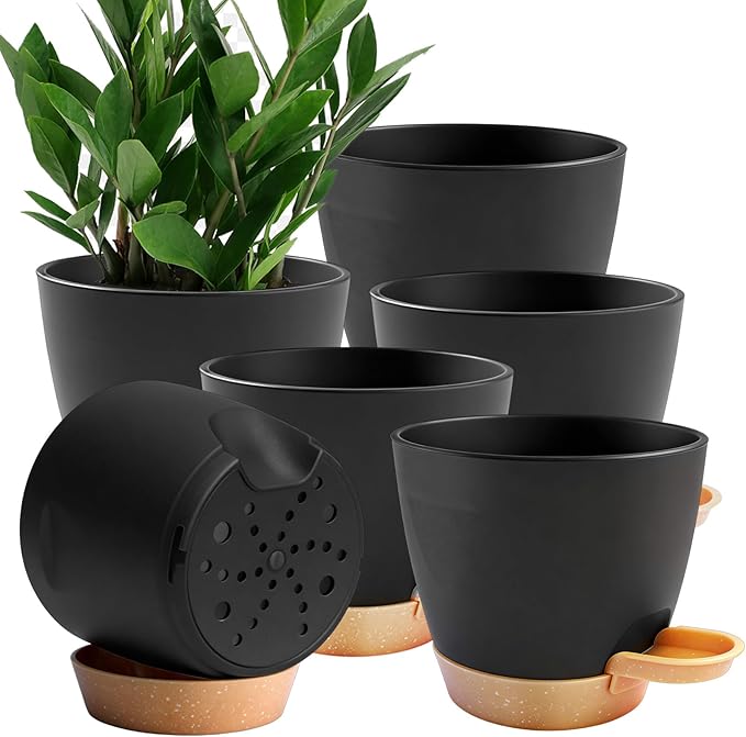6-Pack Plant Pots with Drainage 7 Inch, Self Watering Pots for Indoor Plants, Planters for Indoor Outdoor Plants, Plastic Flower Pot, Planter for Indoor Outdoor (Black)