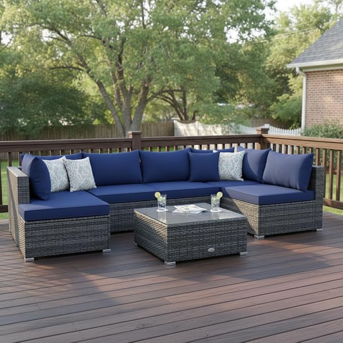 Tangkula 7 Pieces Wicker Patio Furniture Set, All-Weather Outdoor Rattan Sectional Sofa Set with Cushions & Tempered Glass Coffee Table, Outside Sofa Set for Garden, Lawn, Deck, Backyard (Navy)
