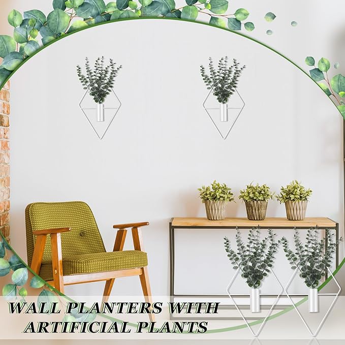 Jexine 4 Pcs Hanging Planters with Artificial Eucalyptus Metal Hanging Vase Indoor Plants Holder Modern Geometric Boho Bathroom Wall Decor for Living Room Home Office (Eucalyptus,White)