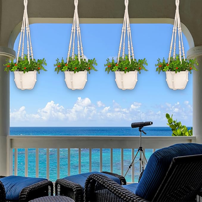 Macrame Plant Hanger Indoor,Hanging Planters for Indoor Plants with 8 Hooks,Outdoor Hanging Plant Holder Crochet for Window,Ceiling Boho Home Decor Basket Pot,White 4 Pack,Ivory