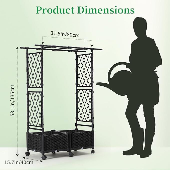 Planter Box with Trellis Outdoor, 53.1in Plastic Raised Garden Bed with Trellis Hanging Roof for Vine Flower, with Lockable Wheels & Drain Plug for Patio Backyard Balcony, Black, 1 Pc