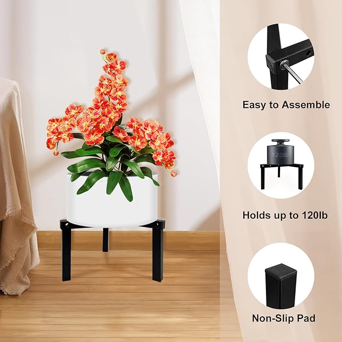 4 Pcs Three Legs Adjustable Metal Plant Stand for 5"-10" Plant Pot – Indoor & Outdoor (Black, 4 Pack)