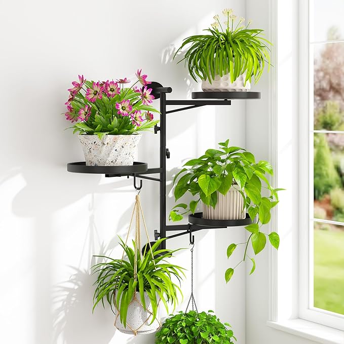 iDavosic.ly Rotating Window Plant Shelves, 3-Tier Metal Wall Stand with 2 Hooks, Flower Display Holder Rack for Living Room, Space Saving, Modern Black (Pots/Chains/Plants Not Included)