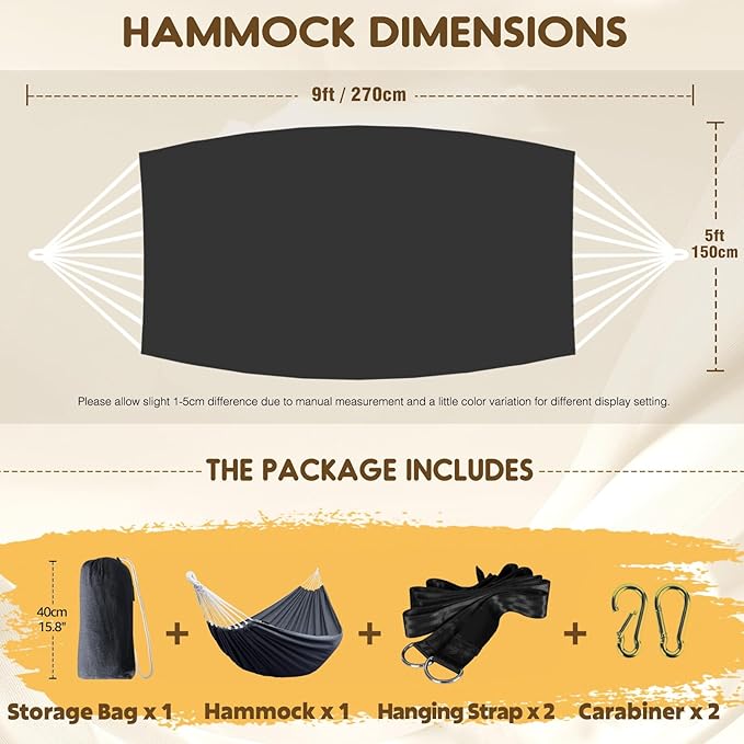 ANYOO Cotton Hammock Portable Camping Hammocks for Hanging Sturdy Garden Comfortable Fabric Hammock with Tree Straps Up to 660lbs with Travel Bag for Camping Outdoor/Indoor Patio Backyard