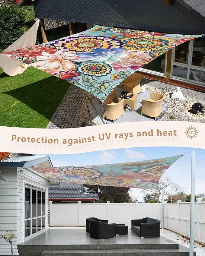 Sun Shade Sail 14'x18' Boho Floral Rectangle Sun Shade Sails Canopy Waterproof Mandala Flowers Plant Outdoor Sunshades Sand UV Block Cover Shade Cloth for Patio Backyard Garden Deck Porch Lawn