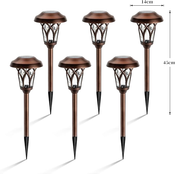 GIGALUMI 6 Pack Solar Pathway Lights Outdoor, Metal Glass & ABS Solar Landscape Lights Waterproof IP65, Warm White Solar Powered Garden Lights for Yard Patio Walkway Driveway (Brown)