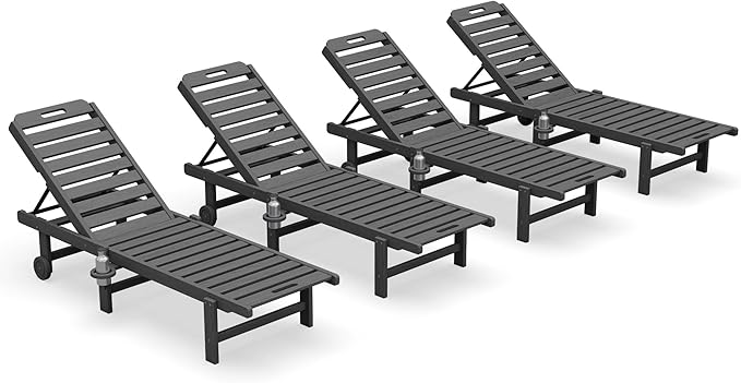 SERWALL Outdoor Chaise Lounge Set of 4, 78" Patio Lounge Chair with 5 Positions Adjustable Backrest, HDPE Lounger with Rolling Wheels & Cup Holder for Poolside, Beach, Garden, Grey