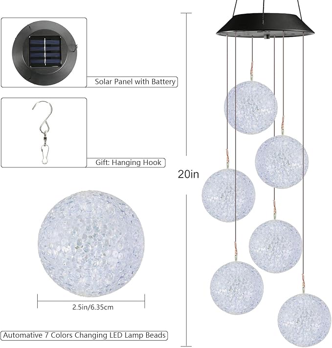 Toodour Solar Wind Chime, Color Changing Ball Wind Chimes, LED Decorative Mobile, Gifts for Mom Grandma, Waterproof Outdoor Solar Lights for Garden, Patio, Party, Yard, Window, Outdoor Easter Decor