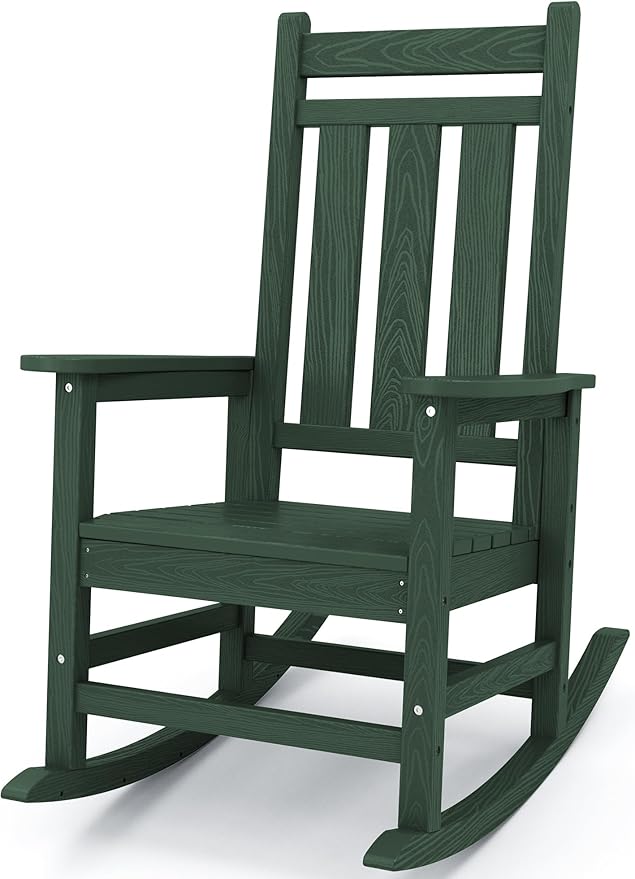KINGYES Oversized Outdoor Rocking Chair, All-Weather Patio Rocking Chairs for Porch, HDPE Outdoor Patio Rockers with High Back & Wide Seat for Garden, Lawn, Green