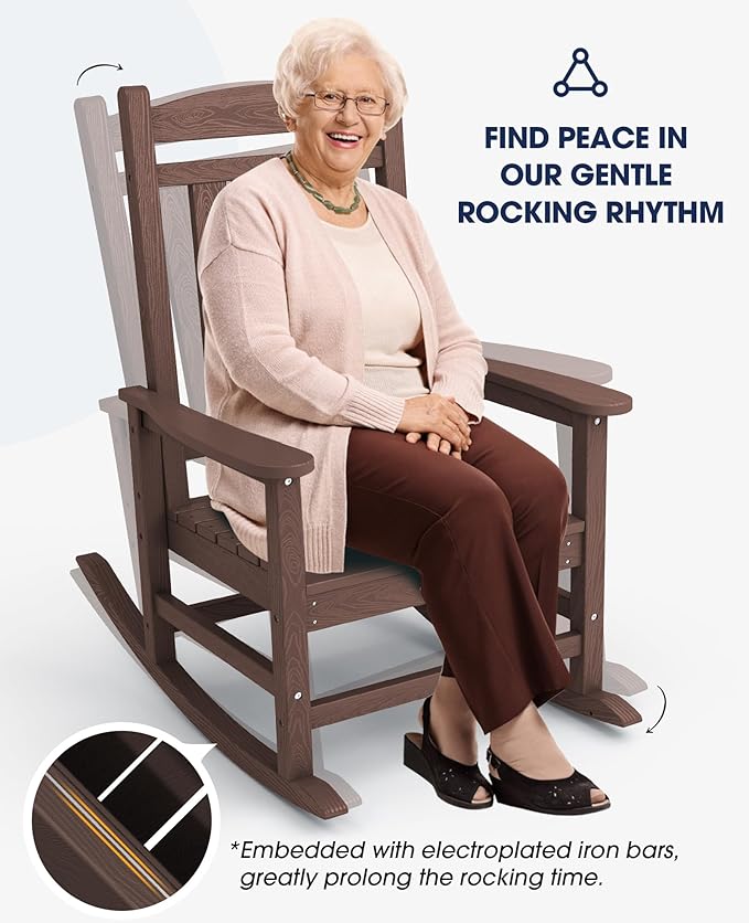 KINGYES HDPE Rocking Chairs Outdoor, Patio Rocking Chairs with 330lbs Support, Smooth Porch Rocker for Deck Lawn Yard, Coffee Brown