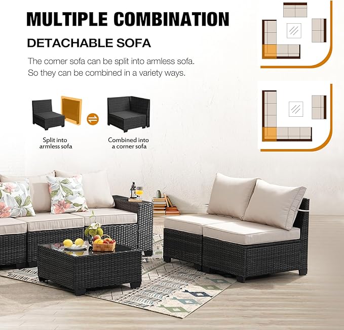 10 Pieces Patio Furniture Set All-Weather Outdoor Wicker Sectional Conversation Sofa Rattan Patio Seating Sofa with Cushion and Glass Table for Porch Poolside,Beige