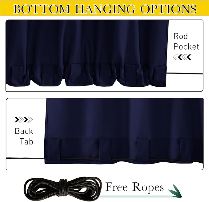 NICETOWN Canvas Outdoor Curtains for Paito 2 Panels, Dark Blue, W52 x L84 per Panel - Waterproof & Windproof Sun Shades with Grommet & Back Tab & Rod Pocket, Free Rope Included for Bottom Fixing