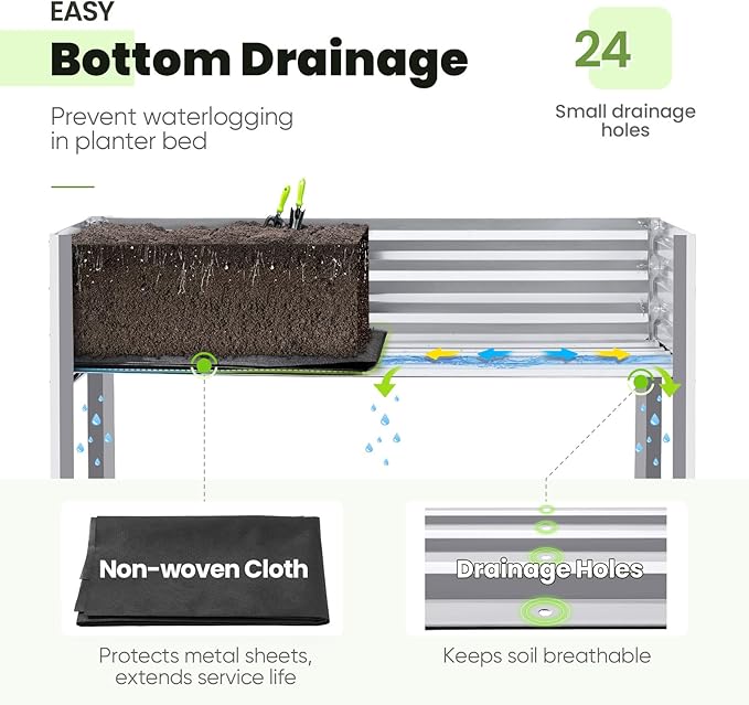 KING BIRD Large Raised Garden Bed with Legs Galvanized Elevated Planter Box 48×24×32 in for Backyard, Patio, Balcony, 400lb Capacity, Silver