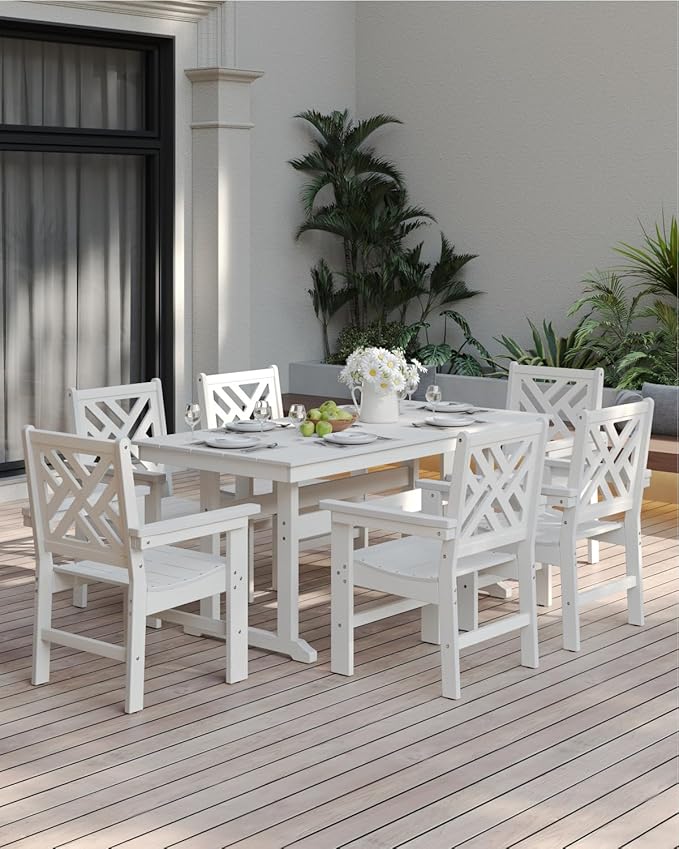 7-Piece Outdoor Dining Set, HDPE All-Weather Patio Table and Chairs Set for 6, Outdoor Patio Furniture Sets with Umbrella Hole for Outside, Deck, Backyard, Garden (White)