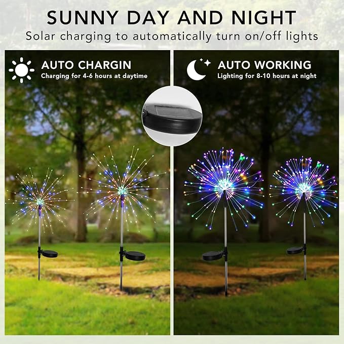FOOING 6 Pcs Solar Garden Lights Solar Firework Lights, 200 LED String Light 2 Modes Twinkling Nightlight for Outside, Wedding, Party, Patio for Home Decor (Colorful)