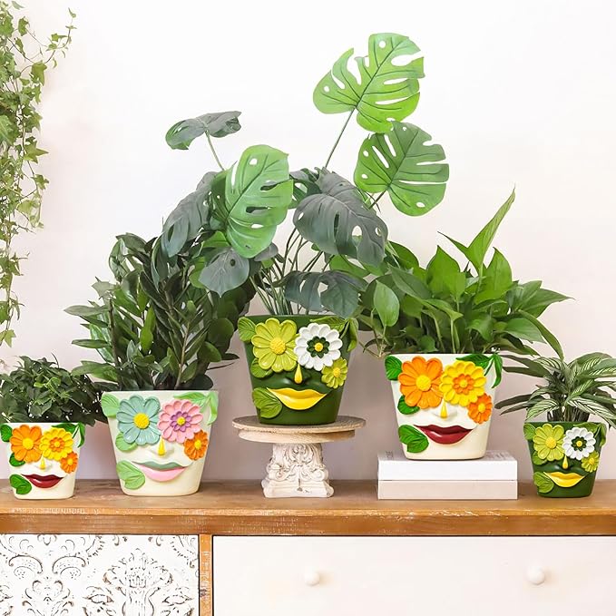GUGUGO 8 Inch Large Flower Face Planters, Abstract Unique Head Plant Pot with Drainage, Rainbow Colorful Cute Flower Plant Pots for Indoor Plants, Funny Gardening Pot Gift Home Décor, Orange&Yellow