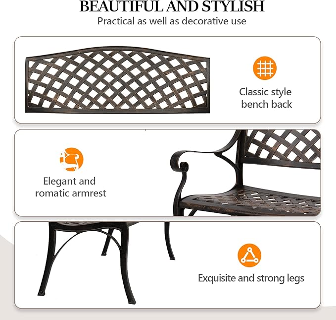 VINGLI 40.5" Patio Garden Bench,Anti- Rust Cast Iron Cast Aluminum Frame for Outdoor Path Yard Lawn Work Entryway Decor Deck (Brown)