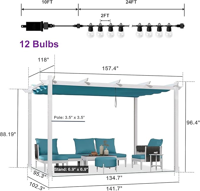 PURPLE LEAF 10' x 13' Outdoor Aluminum Pergola White Heavy-Duty Retractable Pergola Patio Metal with Double Sun Shade Canopy and Light for Backyard Gardens Deck, Blue