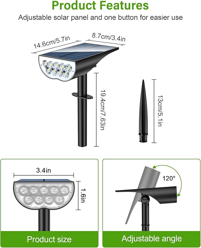 Solar SpotLights Outdoor Waterproof, Solar Lights Outdoor IP65 Waterproof, 3 Brightness Modes Dusk to Dawn Solar Landscape Lights for Yard Garden Pathway Tree Decoration, Warm White, 2 Pack