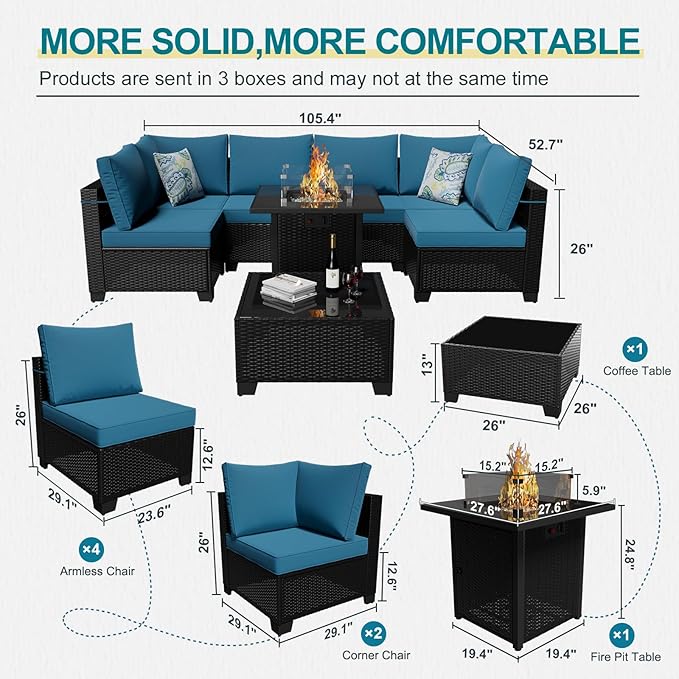 8 Piece Patio Furniture Set with Fire Pit Table, Rattan Outdoor Sectional Sofa, Durable Conversation Set for Backyard, Garden, Deck (Coffee/Peacock Blue)