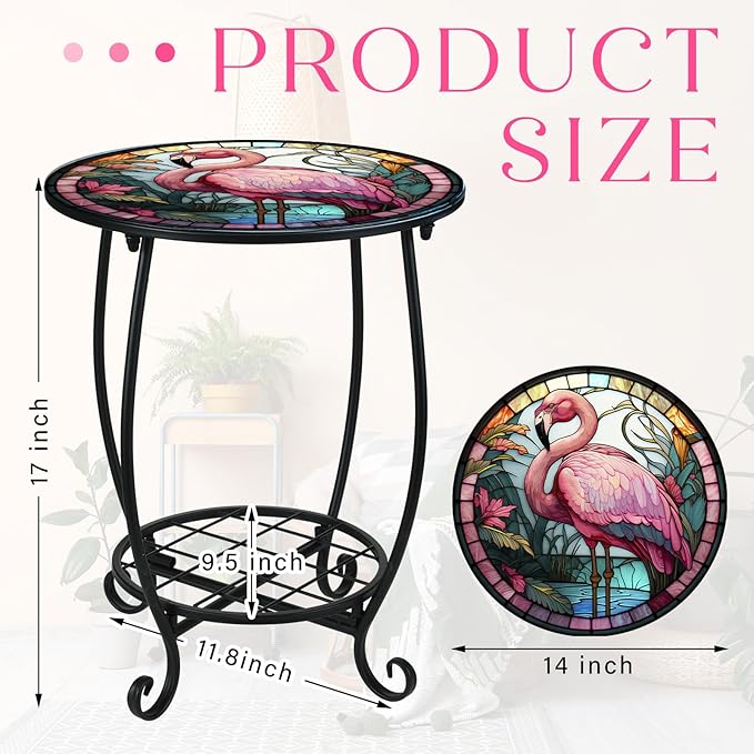 Outdoor Side Table Round Small Mosaic Patio Accent Indoor End Plant Coffee Tea Table for Yard Patio Porch Garden Living Room, Bedroom(Flamingo Style,14 Inch)
