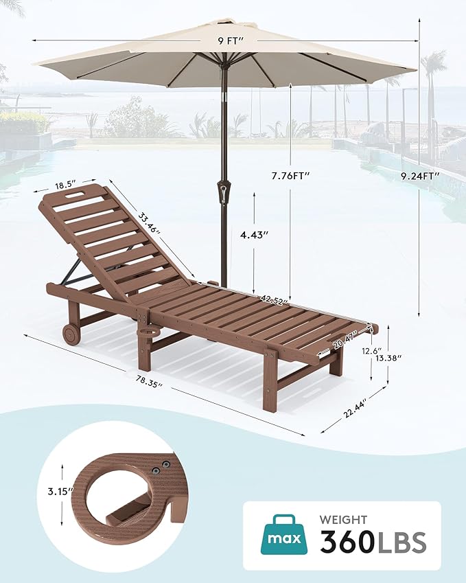 SERWALL Outdoor Chaise Lounge Set of 2 with 9FT Umbrella, HDPE Pool Lounge Chair with 5-Position Adjustable Backrest, Patio Lounger with Rolling Wheels & Cup Holder for Pool, Brown