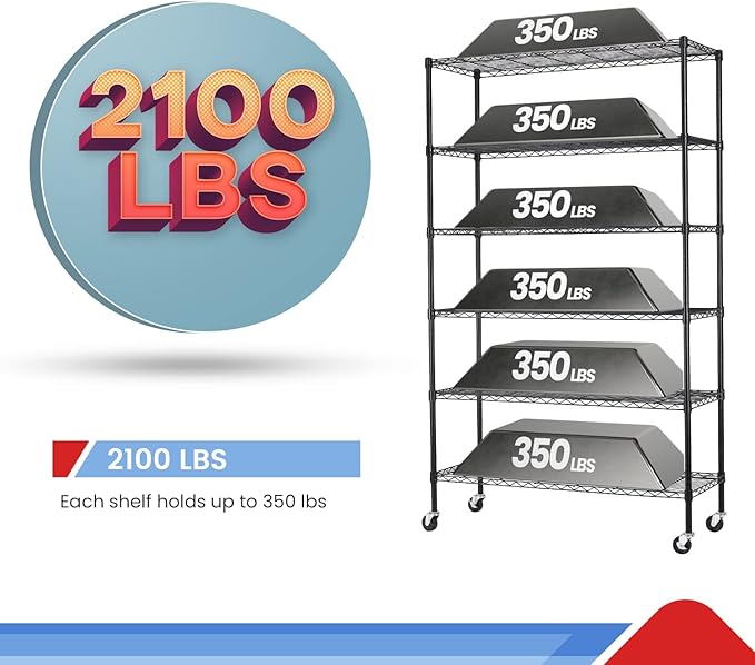 BestOffice | 6-Tier Wire Storage Shelves with Wheels | 18x48x82 | Black | Adjustable Racks | Heavy-Duty Metal Shelf, Holds Upto 510 lbs | No-Tool Assembly | Ideal for Home & Garage Shelving