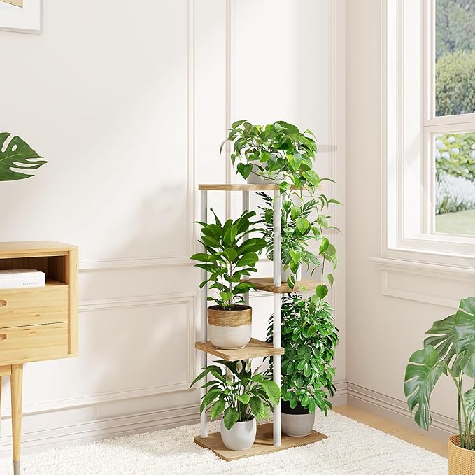 Bamworld Plant Stand Indoor, Corner 4 Tier Metal Plant Shelf for Multiple Plants, Tiered Flower Pot Stands for Patio Garden Balcony Living Room Bedroom, White