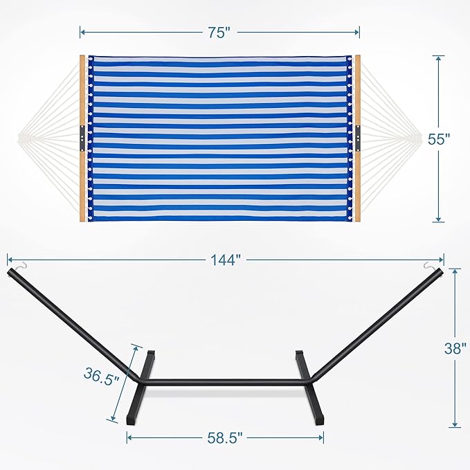 Two Person Hammock with Stand for Outside Heavy Duty, Outdoor Patio Hammock with Portable Steel Stand, Large Double Hammocks with Quick Dry Textilene Fabric,480lbs Capacity.(Blue White)