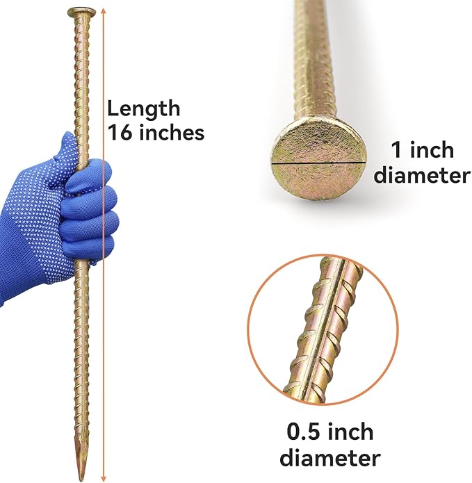 16 Inch Rebar Stakes - 1/2 Inch Diameter Galvanized Steel Ground Anchors - Heavy Duty Plant Support Garden Stake for Speed Bump, Wheel Stop, Tent (10 Pack)