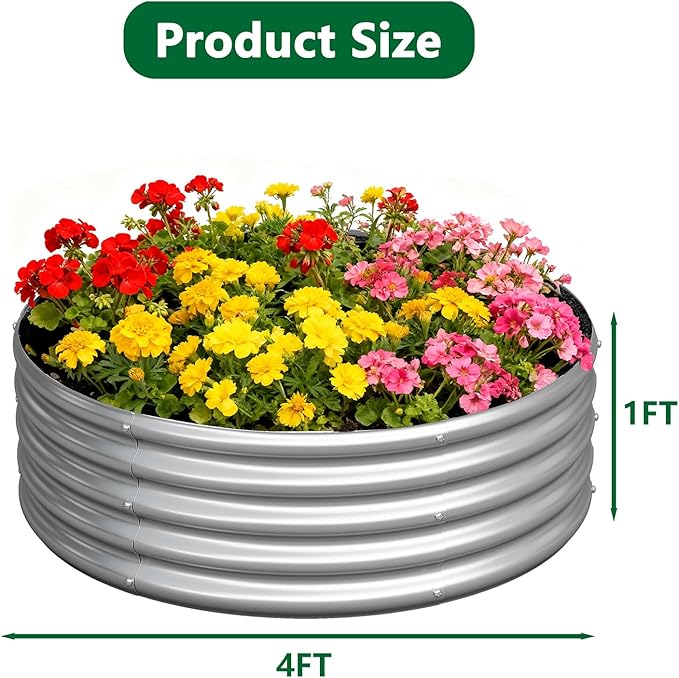 zizin 2 Pcs Round 4x4x1ft Raised Garden Bed Kit Metal Planter Box for Planting Vegetables, Silver