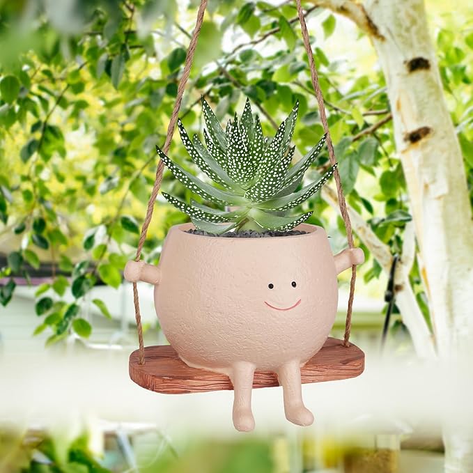 AFFLAT Smiley Face Flower Pot,Swinging Hanging Planter,Resin Smiley Face Hanging Pot,Cute Swinging Planter with Unique Design,Suitable for Indoor & Outdoor Decoration,an Ideal Gift for Festivals