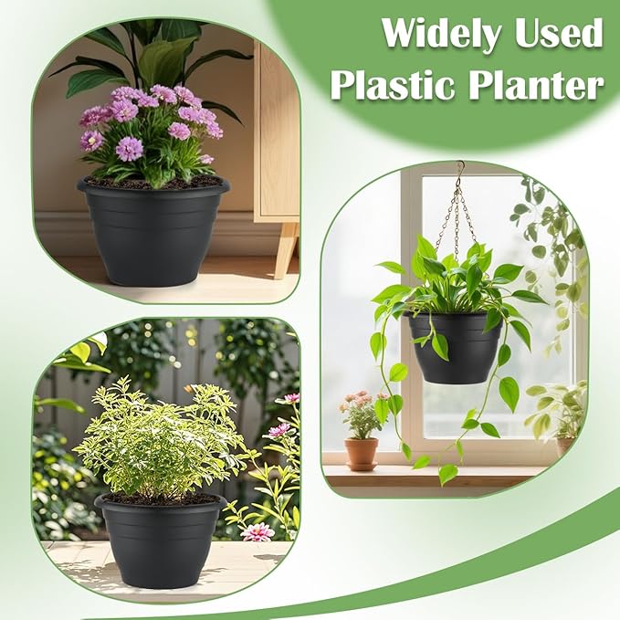 3 Pack 11 Inch Plant Pots,Plastic Flower Pots with Drainage Holes,Lightweight Durable Planters for Indoor Outdoor Plants,Modern Decorative Pots for Patio Garden(Black)