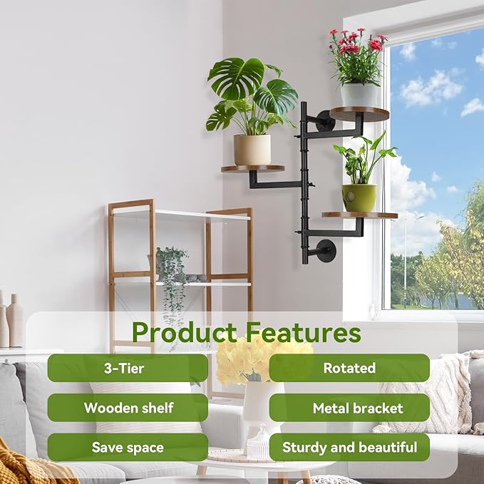 Wooden Rotatable Window Sill Plant Stand, 3 Tier Wall Plant Holder, 180 Degree Rotating Plant Rack, Mid-Century Wooden Style Plant Stand for Indoor and Outdoor Decoration (black)