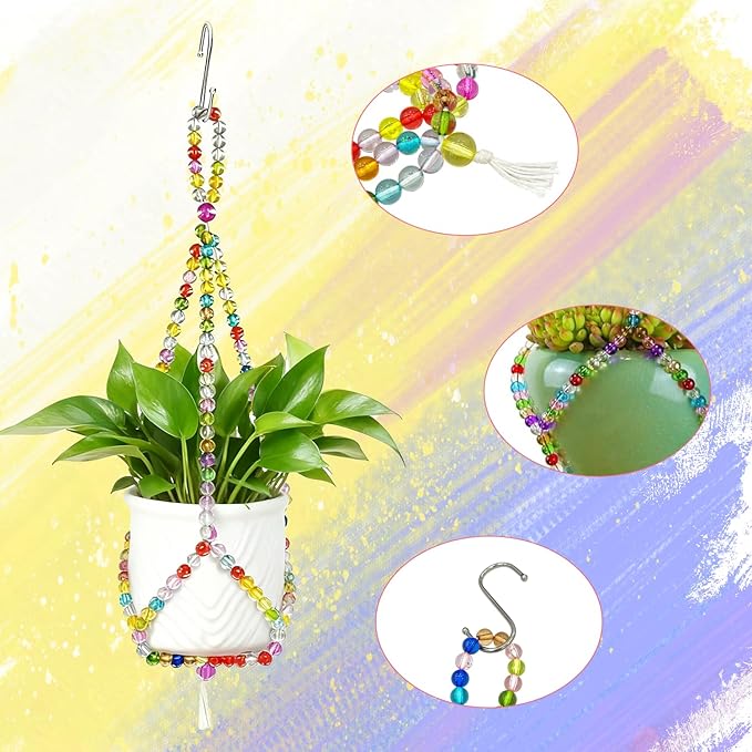 2 Pack Macrame Plant Hangers with 2 Hooks, 17.9inch/16.7inch Handmade Glass Bead Hanging Planter for Indoor Outdoor Bohemian Home Garden Decor