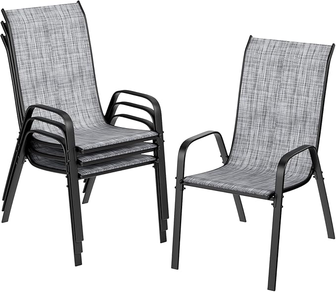 TLSUNNY Patio Chairs, Stackable Textilene Outdoor Dining Furniture for All Weather, with 17.7″ Wide Seat & Metal Frame, for Garden, Backyard, Deck, Restaurant, Poolside (4, Grey, 26.4″)
