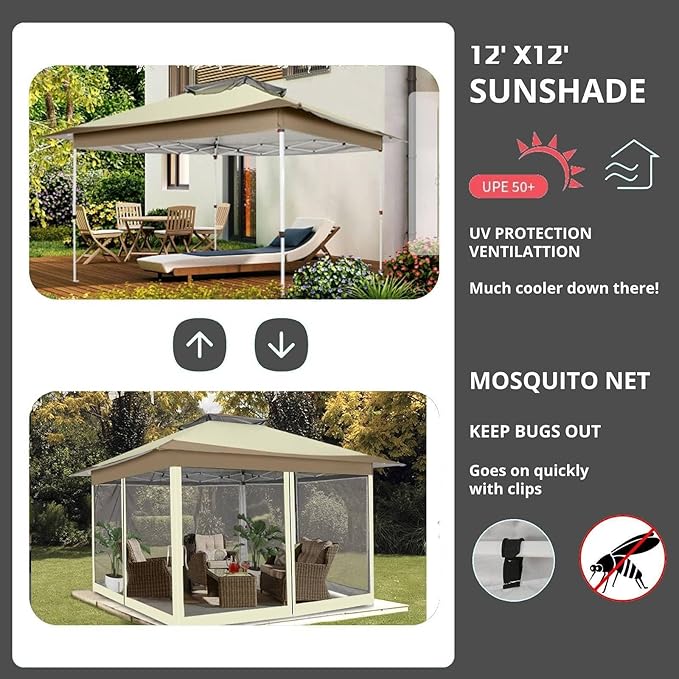 COBIZI 12x12 Pop Up Gazebo On Clearance - Upgrade Easy Up Metal Outdoor Canopy Waterproof - Portable Gazebo with Mosquito Nettings, 4 Ropes 8 Stakes and Carry Bag for Patio Garden(Khaki)