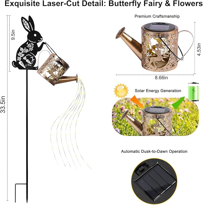 Solar Watering Can Light with Bunny Silhouette Stake & Fairy Design - Cascading LED String Light for Garden Yard Patio Decor, IP65 Waterproof Outdoor Gift for Mom, Women, Birthday, Housewarming