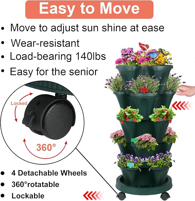 DUNCHATY Stackable Planter, Vertical Strawberry Planter with Garen Tool Set, Indoor/Outdoor 5 Tier Herb Planter Pots for Growing Vegetables and Succulents, Pine Green