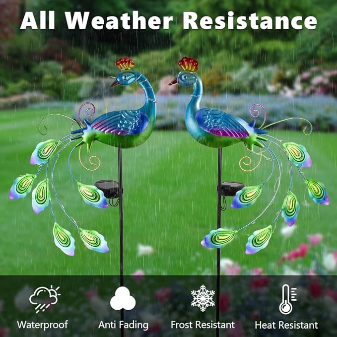 DREAMSOUL 2 Pack Metal Peacock Solar Lights Outdoor Waterproof LED Solar Lights, Decorative Garden Stakes for Yard Pathway Peacock Decor