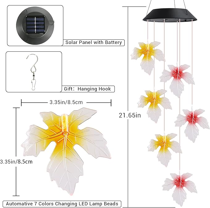 Toodour Solar Wind Chimes, Color Changing Maple Leaf Wind Chime, LED Mobile Wind Chimes, Waterproof Outdoor Wind Chime Lights for Garden, Patio, Party, Window, Thanksgiving