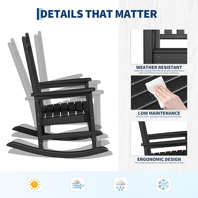 HDPE Rocking Chair Outdoor Set of 4 with 2 Side Table - Poly High Back Porch Rocker Chairs for Adults - All Weather Resistant Furniture for Patio Front Porch - Black