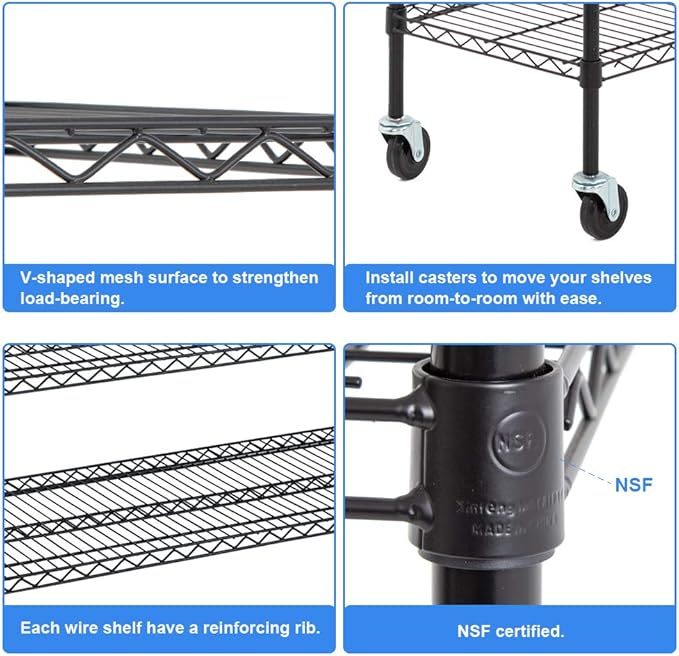 BestOffice | 6-Tier Wire Storage Shelves with Wheels | 18x48x78 | Black | Adjustable Racks | Heavy-Duty Metal Shelf, Holds Upto 600 lbs | No-Tool Assembly | Ideal for Home & Garage Shelving