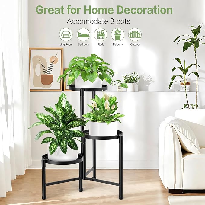3 Tier Metal Corner Plant Stand Indoor Outdoor, Heightened widened 30'' Tall Multiple Flower Pot Display Holder, Iron Plant Rack Organizer for Living Room Garden Patio Balcony Office (black)