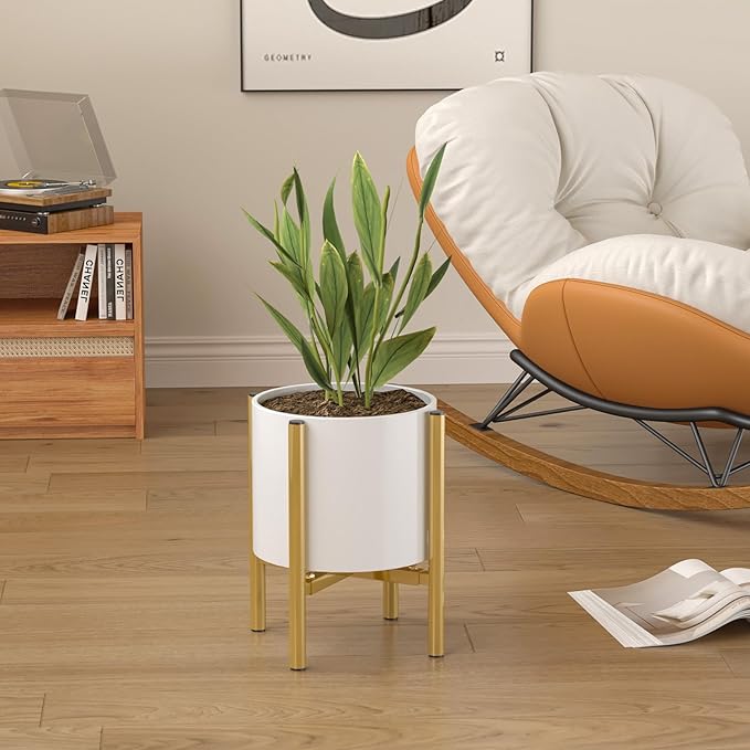 Adjustable Metal Plant Stand Indoor, Mid Century Modern Outdoor Planter Holder for 8 to 14 Inch Pots, Heavy Duty 160 LB Load, Corner Floor Stand for Home Garden Decor Golden 2 Pack