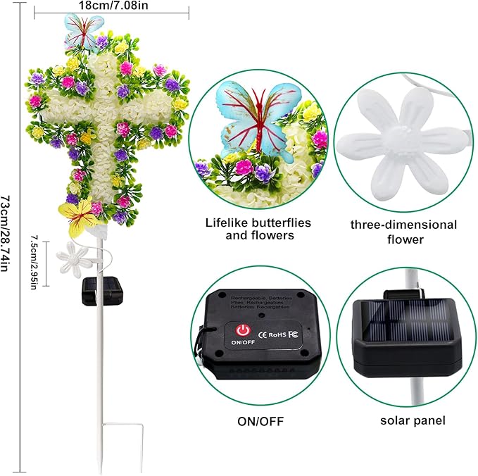 YJFWAL Solar Flower Cross for Cemetery Grave, Grave Decorations for Cemetery Solar Crosses, Sympathy Memorial Gifts, for Garden Lawn Yard Patio Decor