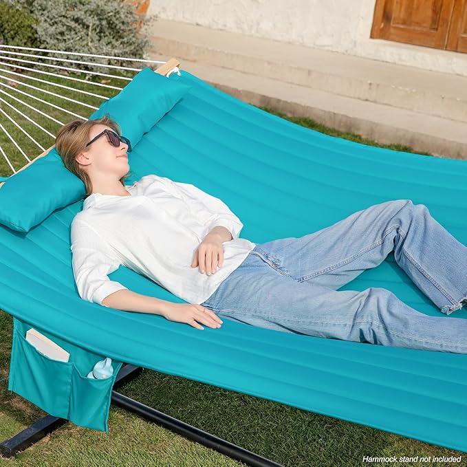 2 Person 12FT Hammocks for Outside, Double Quilted Fabric Outdoor Hammock with Spreader Bar, Large Removable Pillow, Storage Pockets, Carabiners, Max 475 lbs Capacity (Canyon Creek Aqua)