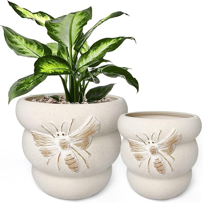 Terracotta Pots with Drainage Holes Bee Decor, Ceramic Pots for Indoor Plants Flower Pots Outdoor, Succulent, Herbs, Snake Plants (Beige, 8+6 Inch)