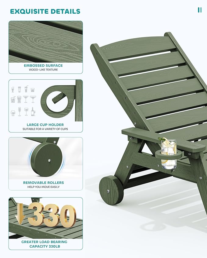 SERWALL Patio Chaise Lounge Chair Set of 2, 78'' Long 5-Positions Adjustable HDPE Outdoor Lounger for Pool, Poly Lounge Chair with Rolling Wheels & Cup Holder for Poolside, Deck, Avocado Green