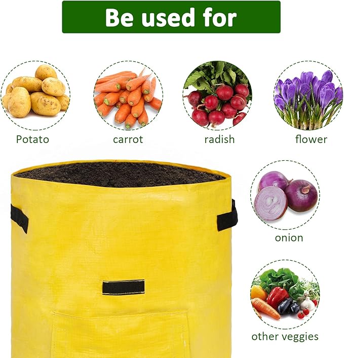 JJGoo Potato Grow Bags, 4 Pack 10 Gallon with Flap and Handles Planter Pots for Onion, Fruits, Tomato, Carrot - Yellow